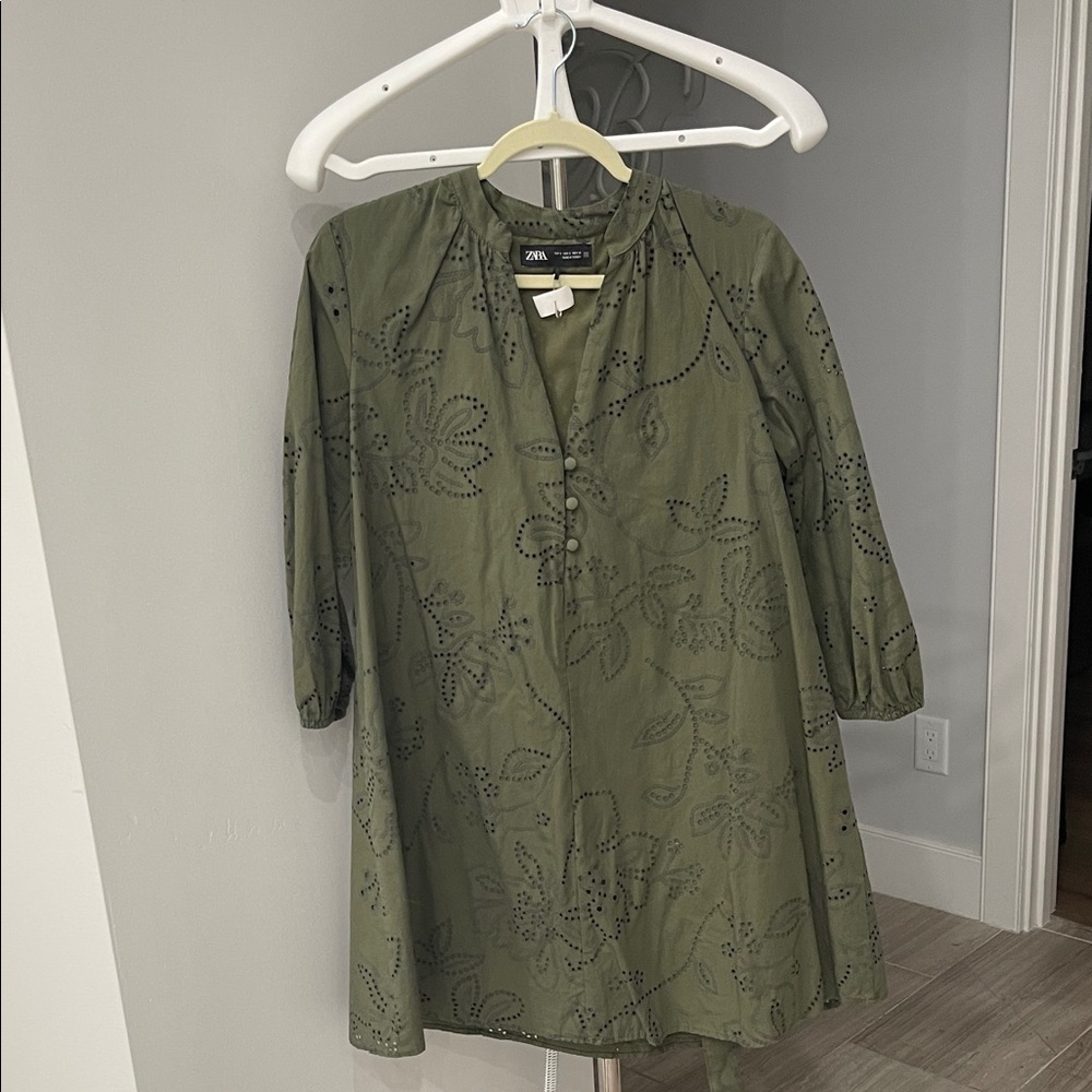 Zara Khaki Green Embroidered Dress